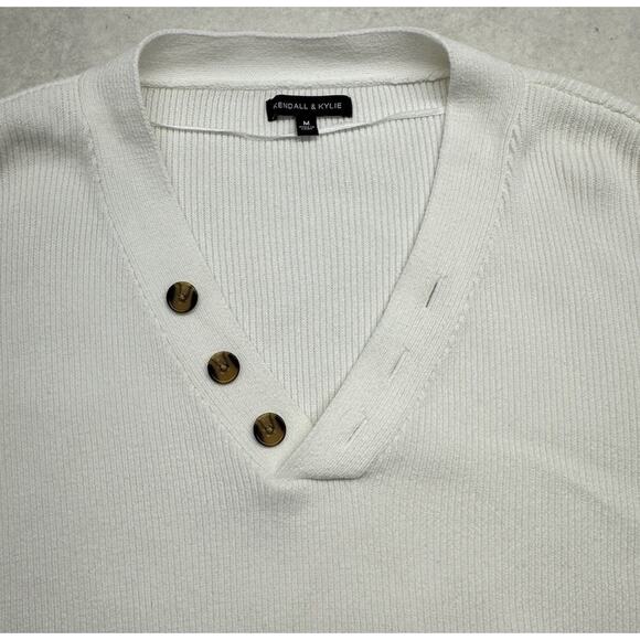 Kendall Kylie Sweater M White Ribbed Cotton Cropped Pullover V-Neck - Picture 2 of 8